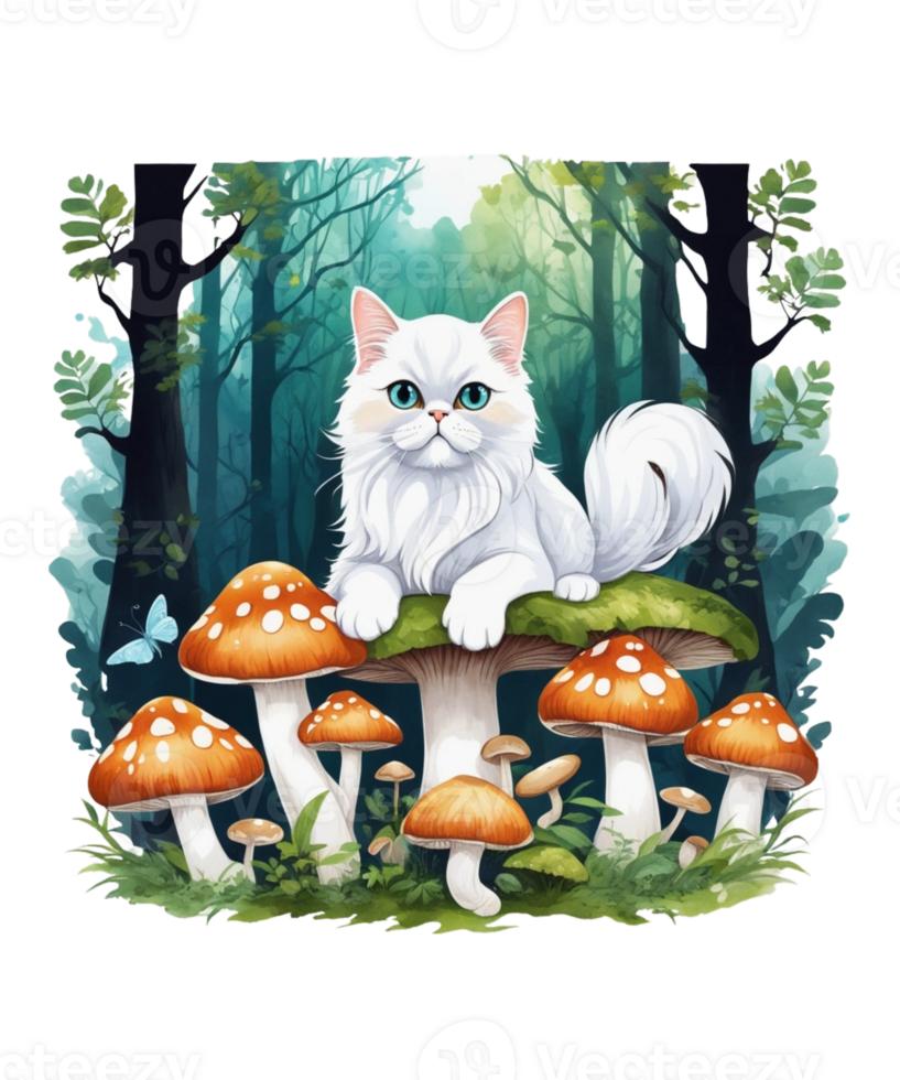 AI Generative Cat and Mushroom Clipart Illustration for Print on Demand