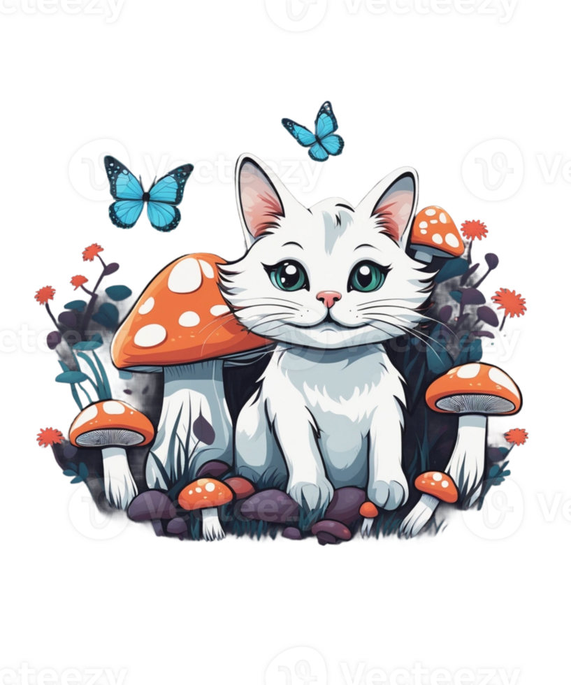 AI Generative Cat and Mushroom Clipart Illustration for Print on Demand