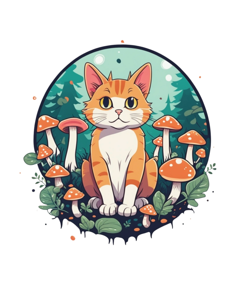 AI Generative Cat and Mushroom Clipart Illustration for Print on Demand websites is Also perfect for any other project png