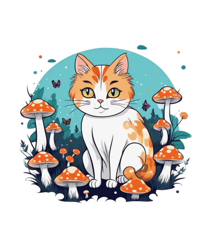 AI Generative Cat and Mushroom Clipart Illustration for Print on Demand websites is Also perfect for any other project png