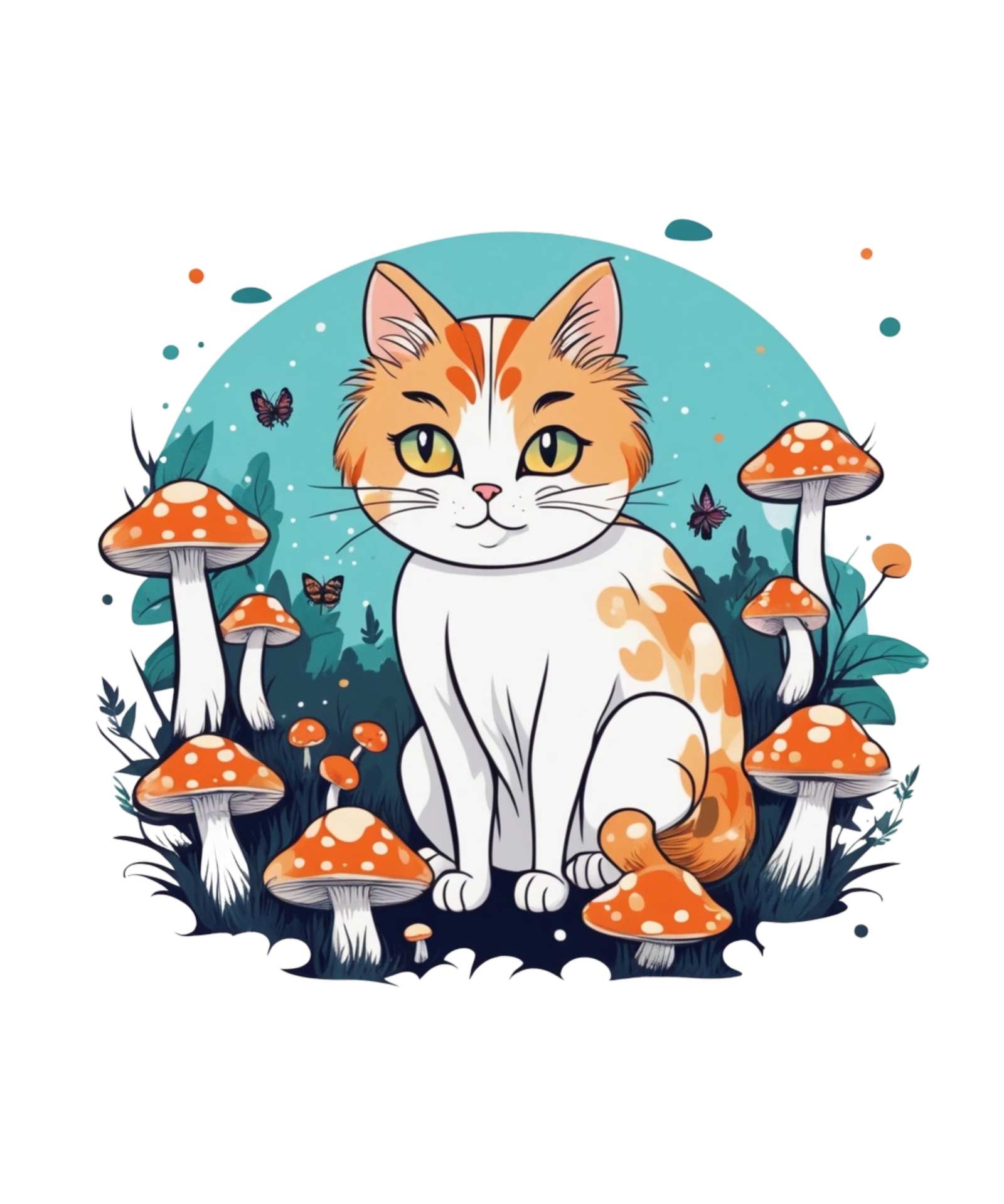 Ai generative cat and mushroom clipart illustration for print on demand