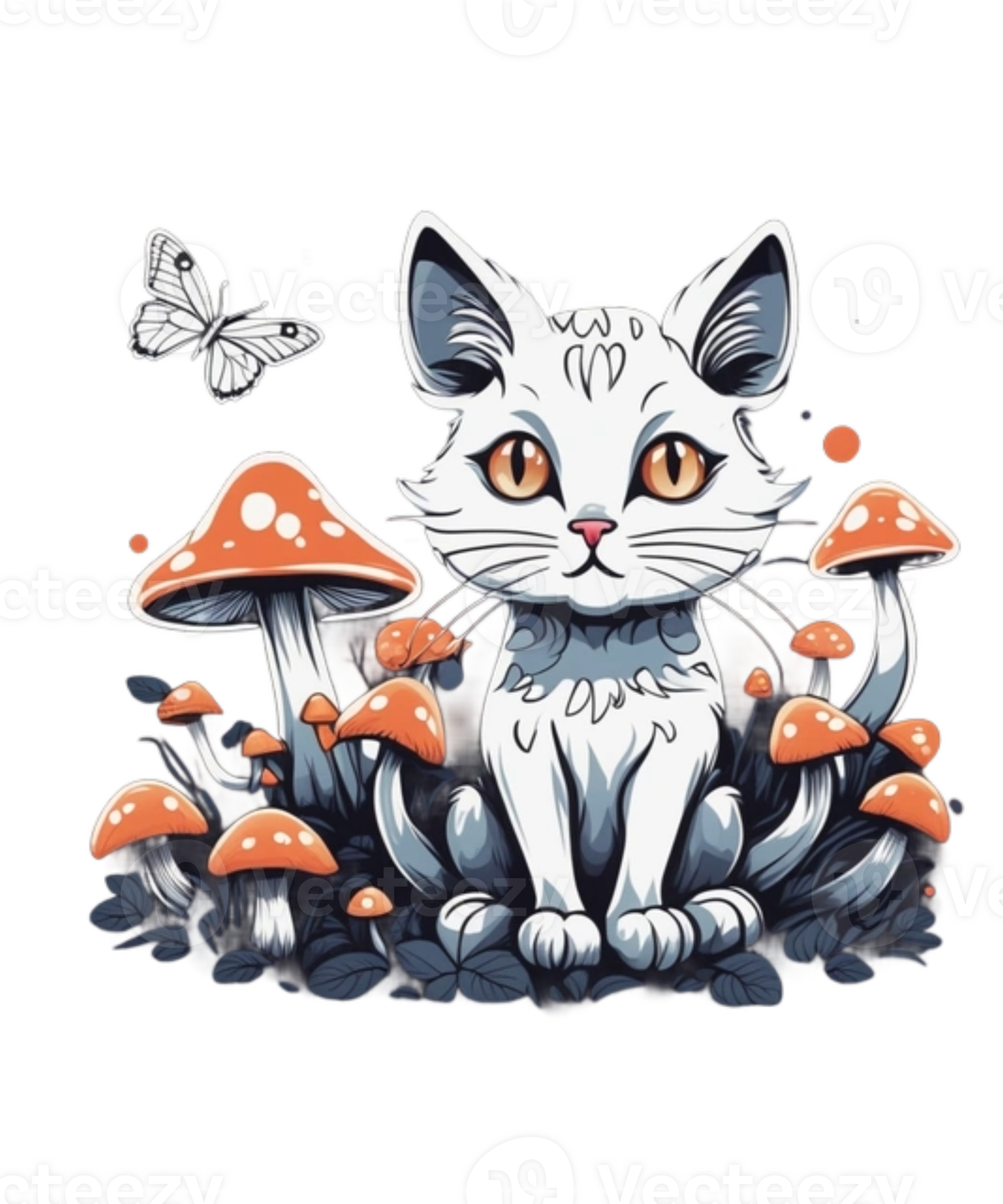 Ai generative cat and mushroom clipart illustration for print on demand