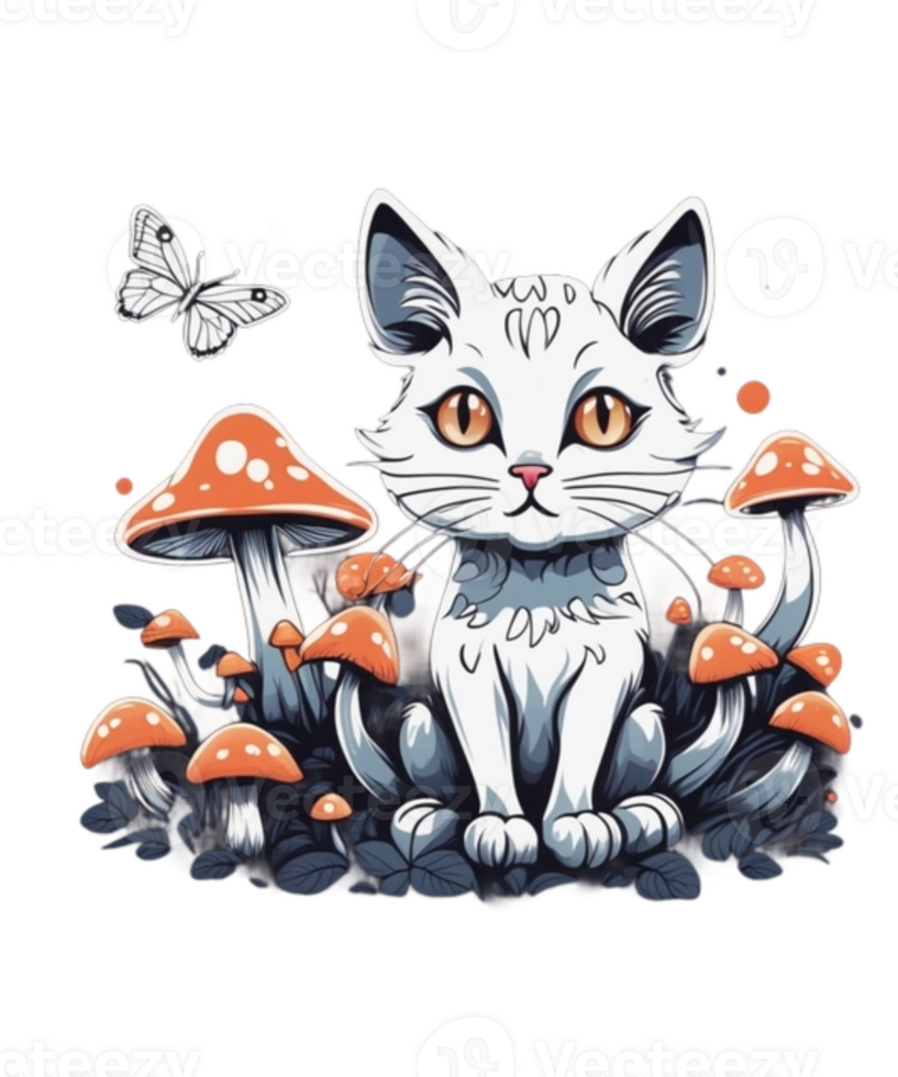 AI Generative Cat and Mushroom Clipart Illustration for Print on Demand websites is Also perfect for any other project png