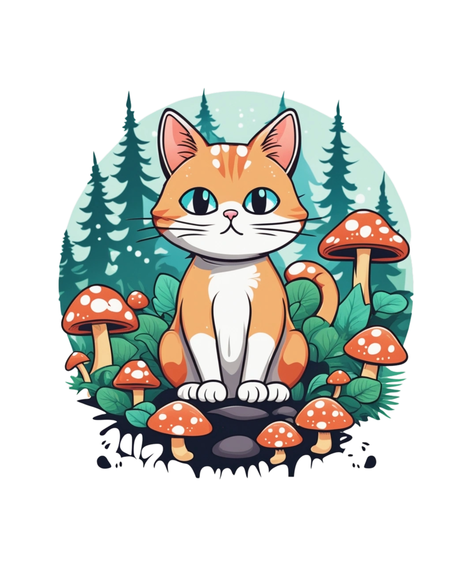 AI Generative Cat and Mushroom Clipart Illustration for Print on Demand