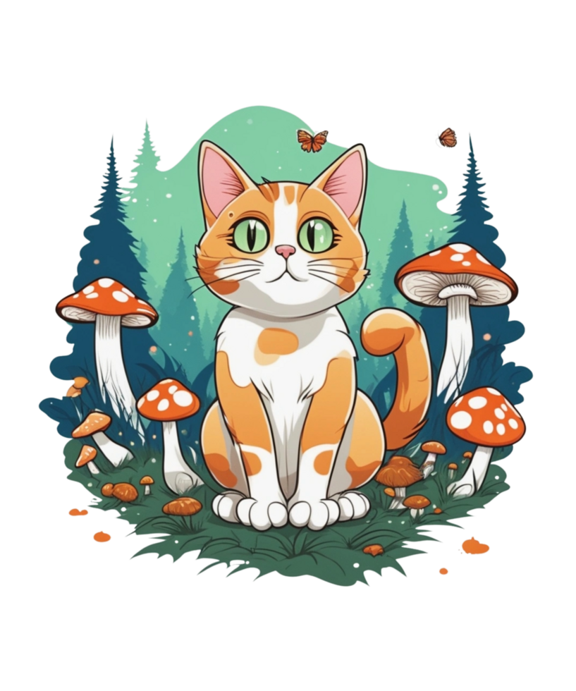 AI Generative Cat and Mushroom Clipart Illustration for Print on Demand websites is Also perfect for any other project png