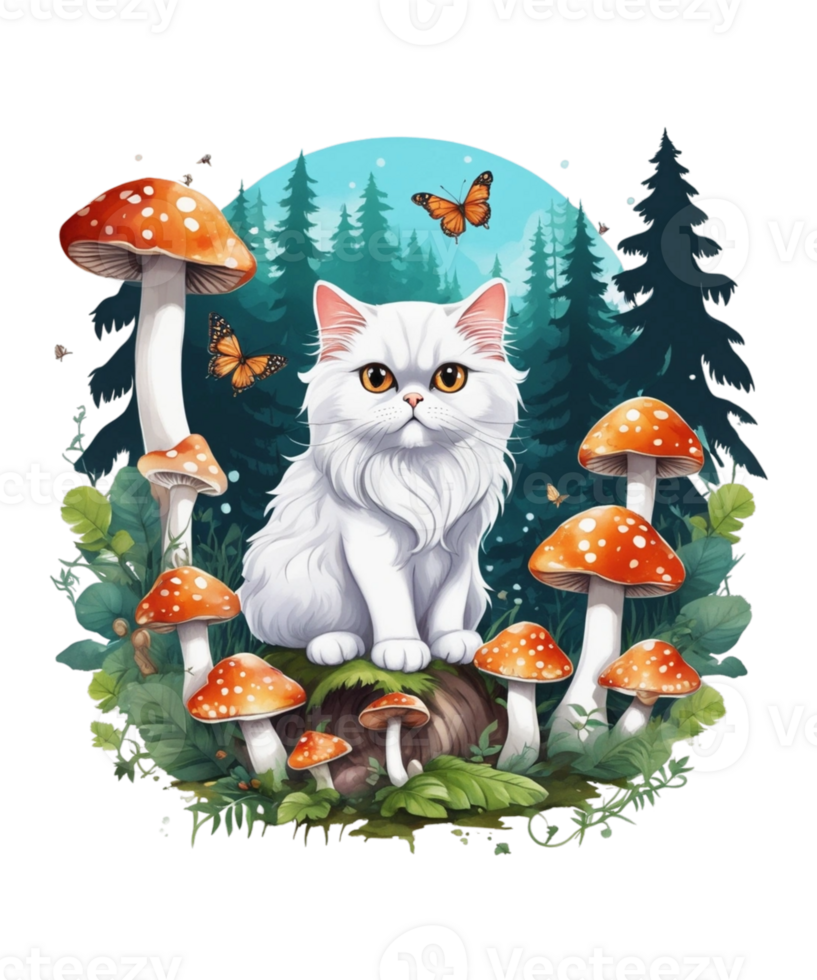 AI Generative Cat and Mushroom Clipart Illustration for Print on Demand
