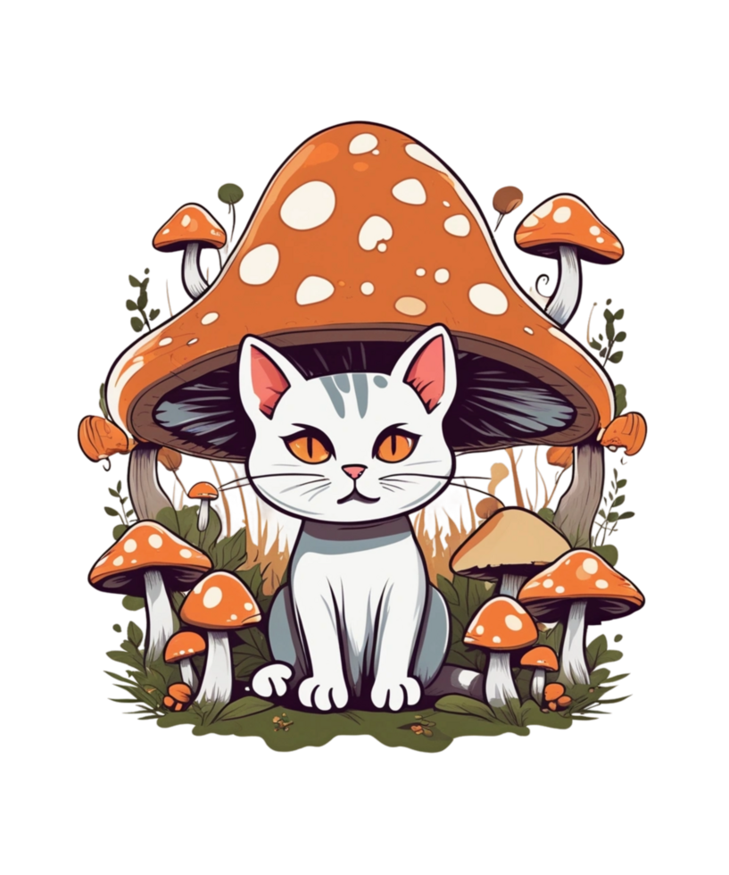 AI Generative Cat and Mushroom Clipart Illustration for Print on Demand
