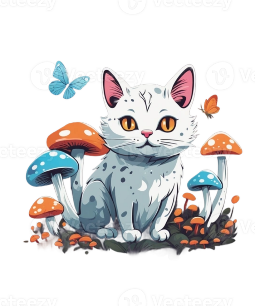 AI Generative Cat and Mushroom Clipart Illustration for Print on Demand websites is Also perfect for any other project png