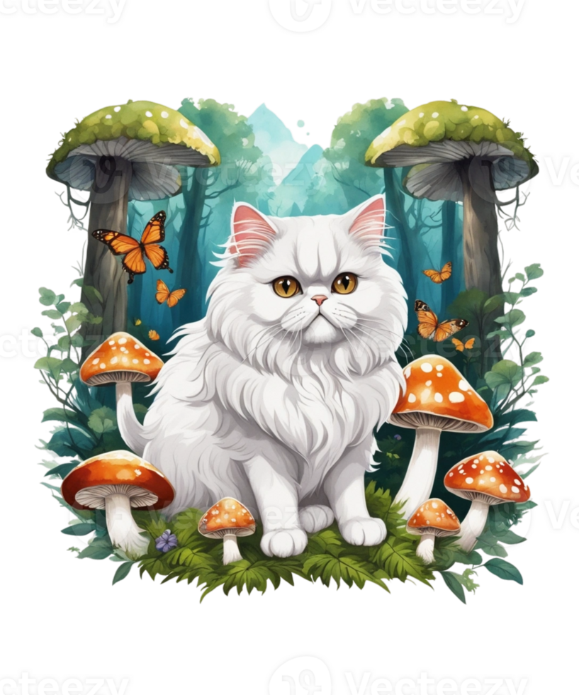 AI Generative Cat and Mushroom Clipart Illustration for Print on Demand