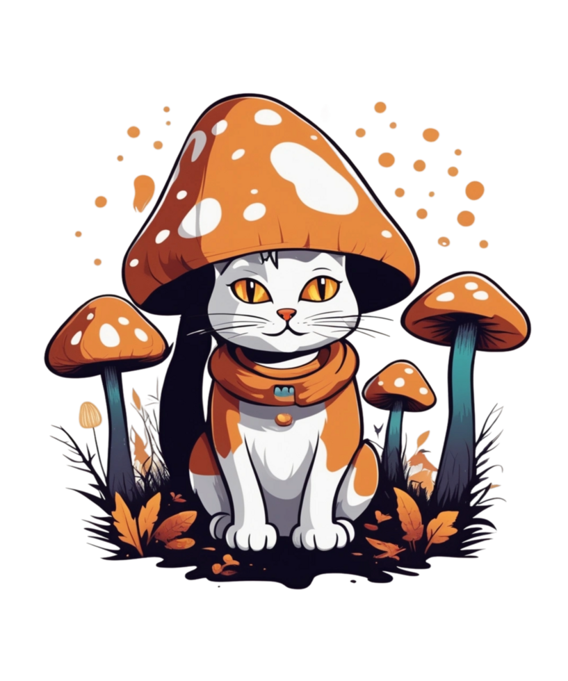 Ai generative cat and mushroom clipart illustration for print on demand