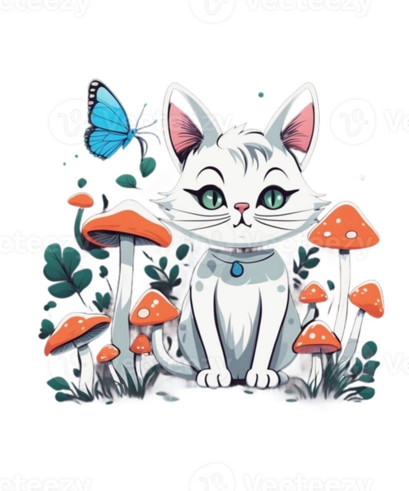 AI Generative Cat and Mushroom Clipart Illustration for Print on Demand websites is Also perfect for any other project png