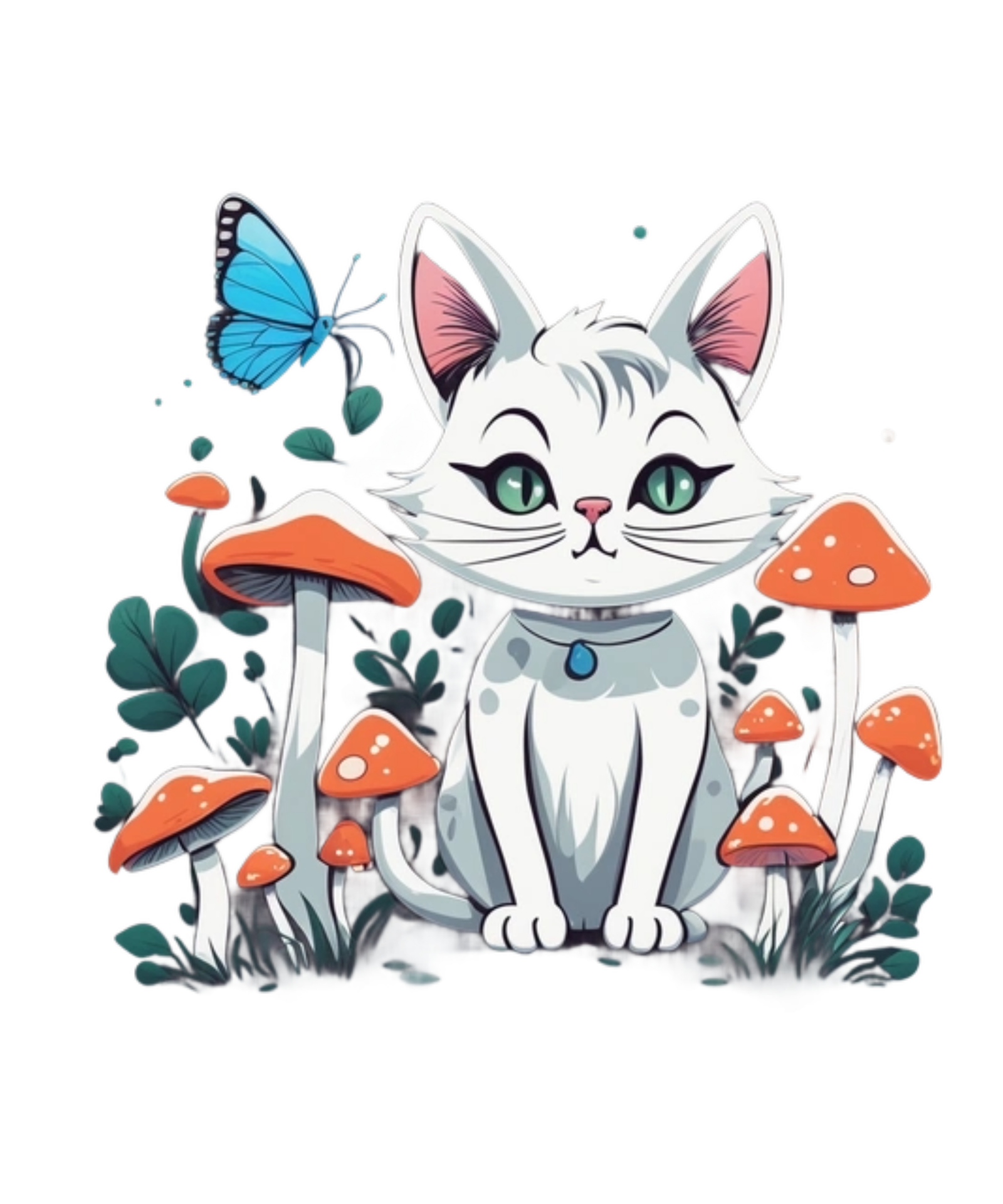 Ai generative cat and mushroom clipart illustration for print on demand