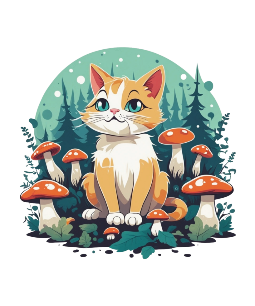AI Generative Cat and Mushroom Clipart Illustration for Print on Demand websites is Also perfect for any other project png