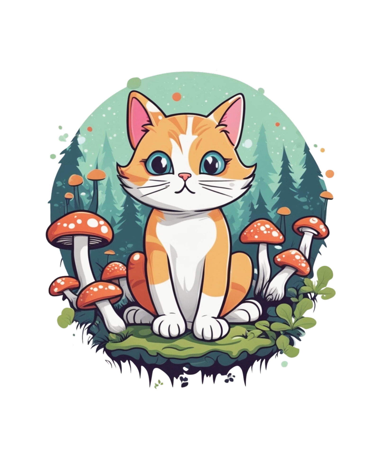 Ai generative cat and mushroom clipart illustration for print on demand