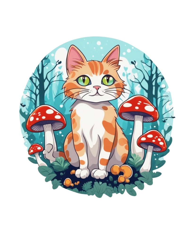AI Generative Cat and Mushroom Clipart Illustration for Print on Demand