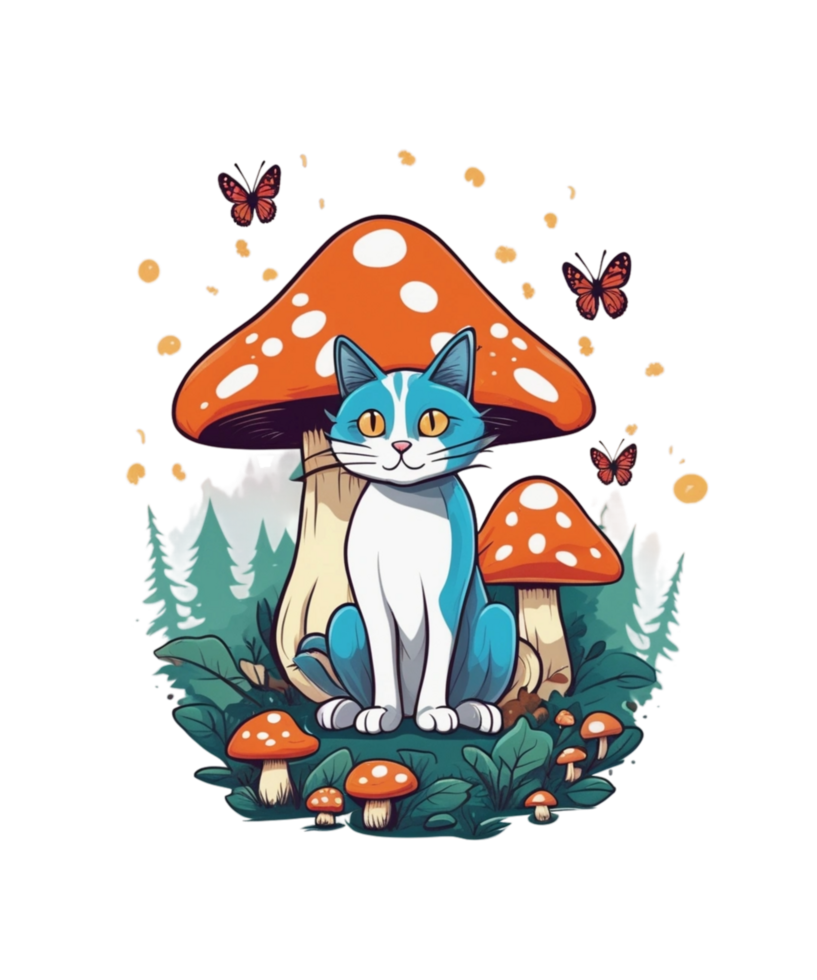 AI Generative Cat and Mushroom Clipart Illustration for Print on Demand websites is Also perfect for any other project png