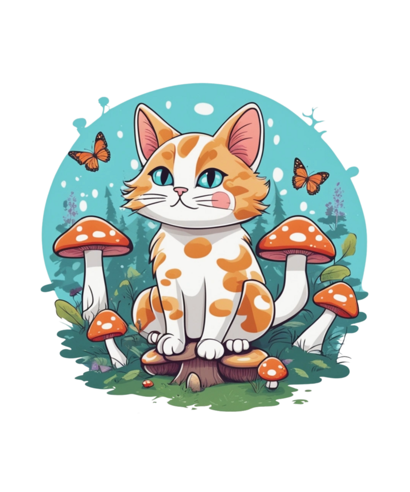 AI Generative Cat and Mushroom Clipart Illustration for Print on Demand