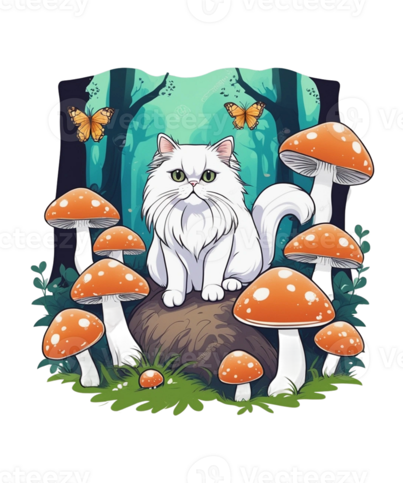 AI Generative Cat and Mushroom Clipart Illustration for Print on Demand
