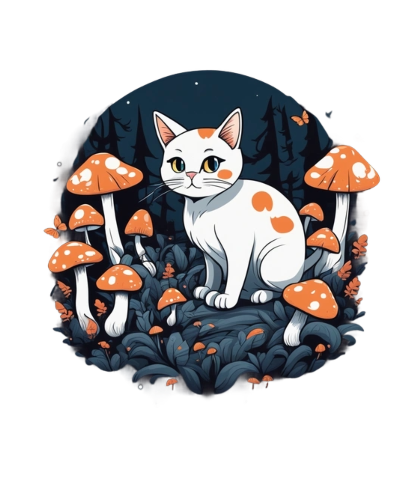 Ai generative cat and mushroom clipart illustration for print on demand