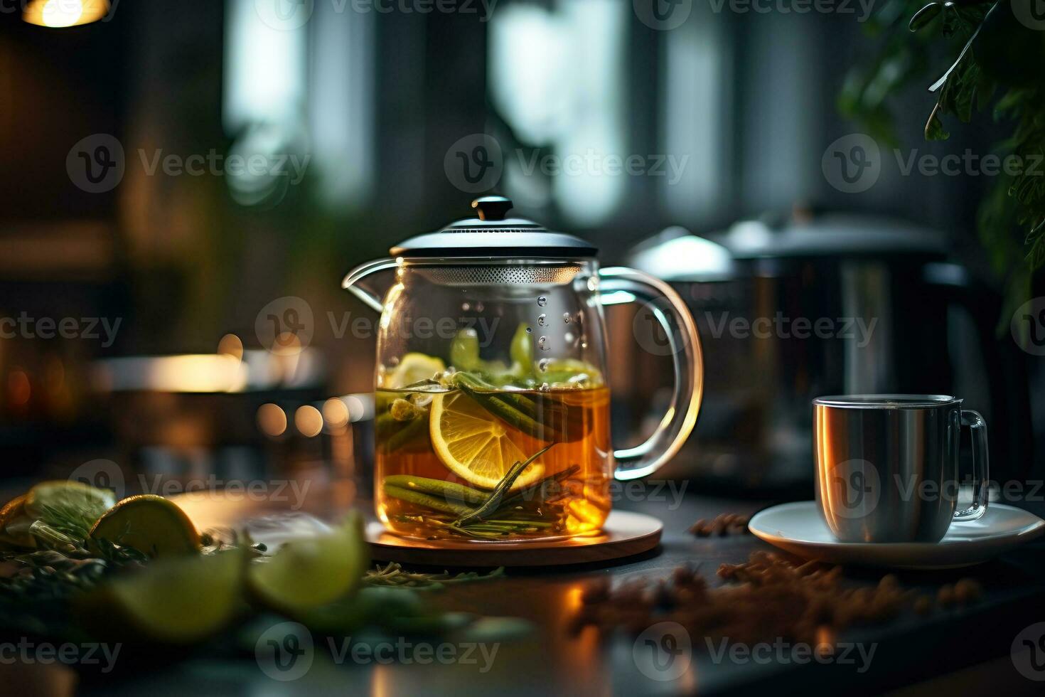 delicious tea with lemon in glass bowl ai generative photo