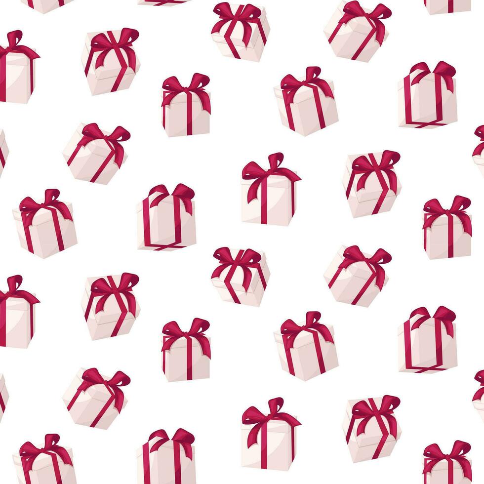 sin costura modelo blanco regalo cajas con rojo arco y cinta. fiesta presente cajas modelo para saludo tarjeta en Navidad, nuevo año, cumpleaños y aniversario vector