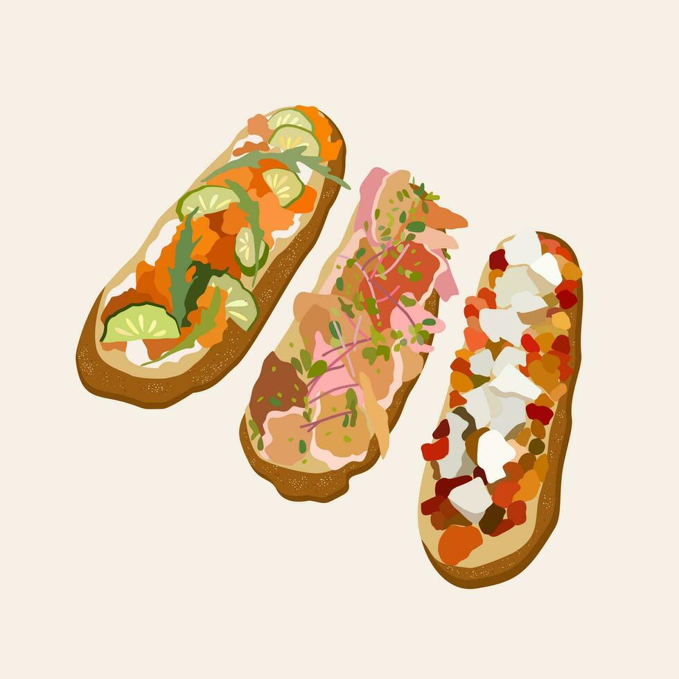 Bruschetta. Traditional italian dish. Vector isolated illustration