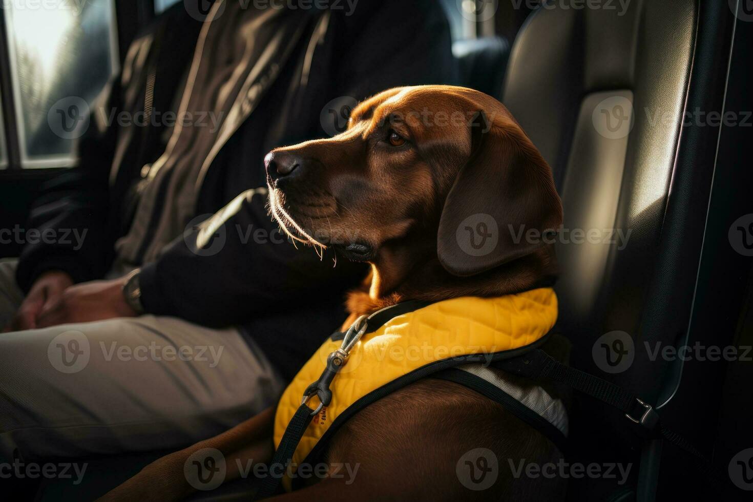 dog sitting on the passenger seat of a car close-up generative ai photo