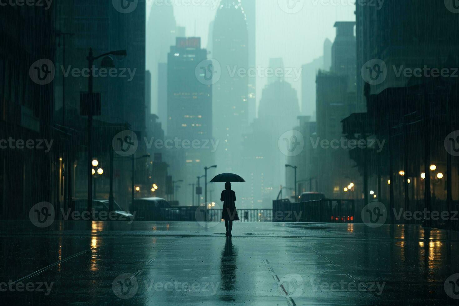 silhouette of a man with an umbrella walking along a city street generative ai photo
