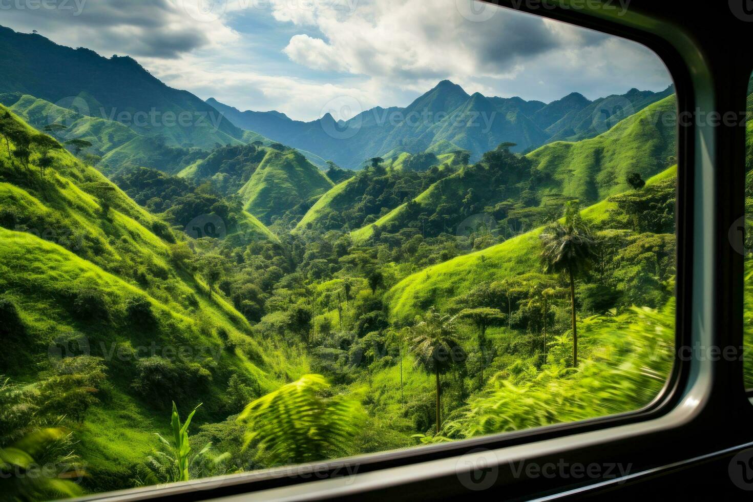 beautiful view of summer mountains and green meadow from the train window ai generative photo