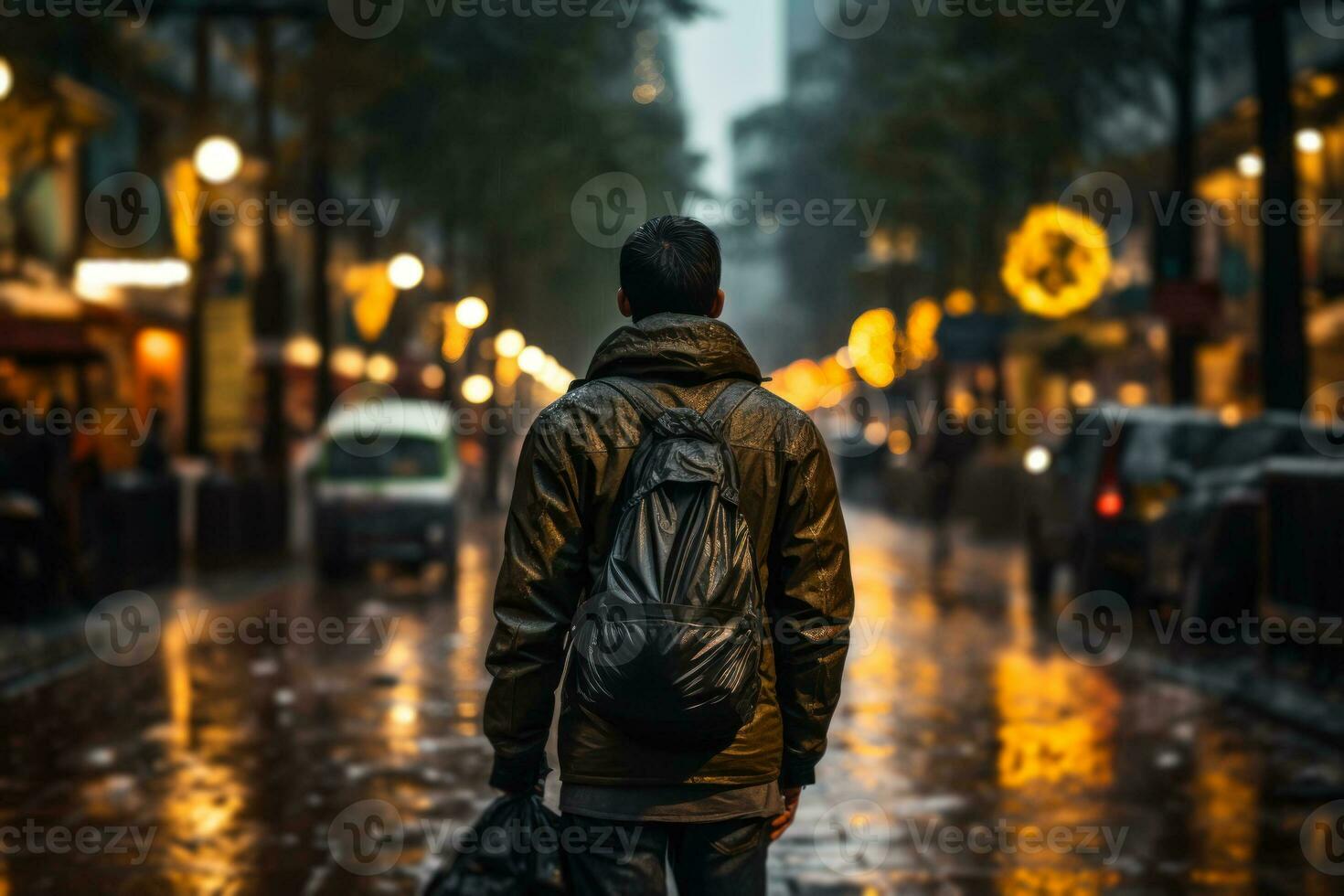 a man with a backpack walks along an evening road in the rain generative ai photo