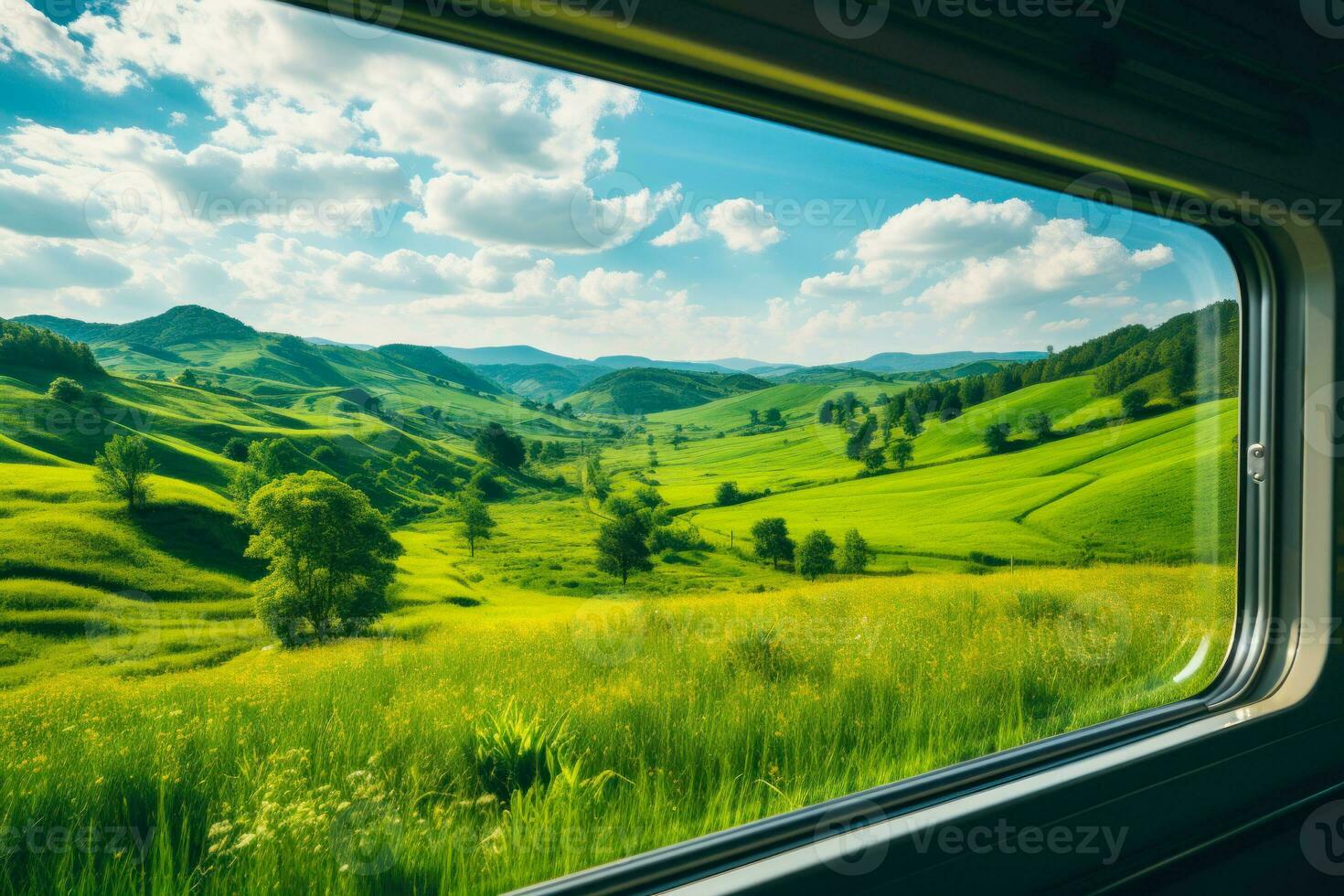 summer green meadow from the train window generative ai photo