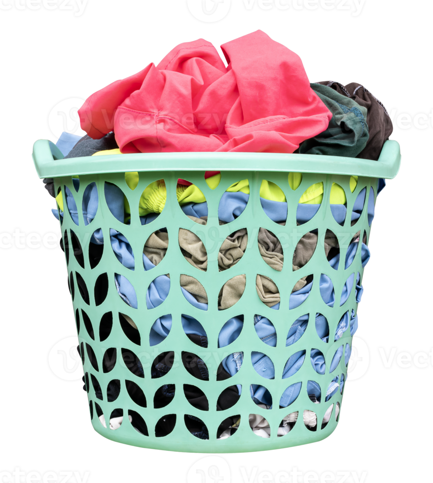 Green laundry basket with colorful clothes png