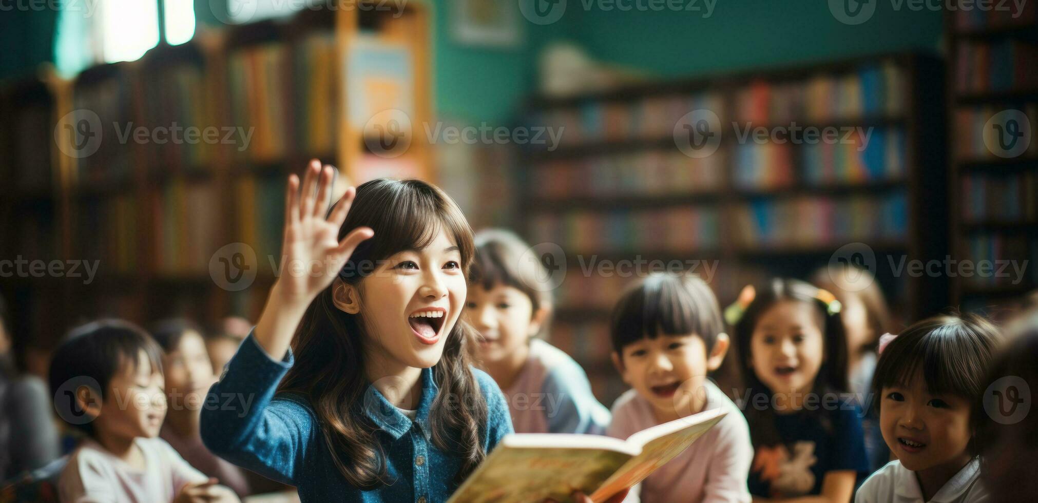 An asian teacher is reading a book to little asian children in class, they are having fun. Generative AI photo