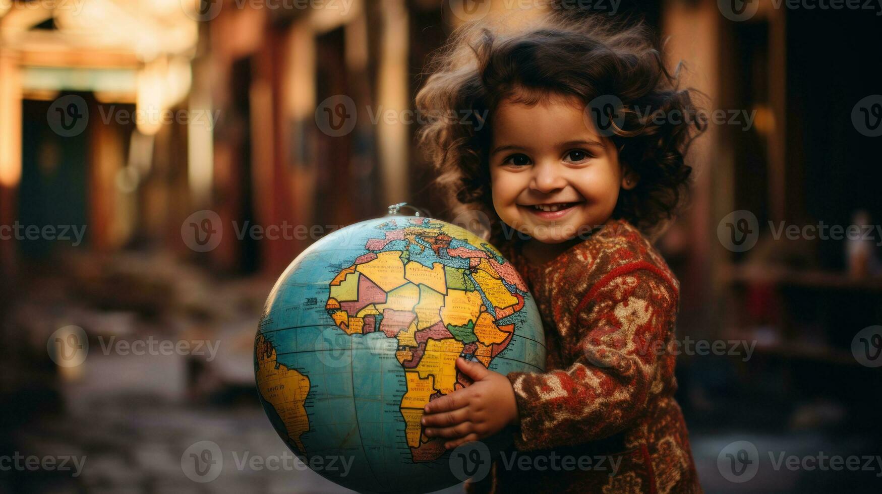 Little boy hugging globe smiles at camera.. Generative AI photo