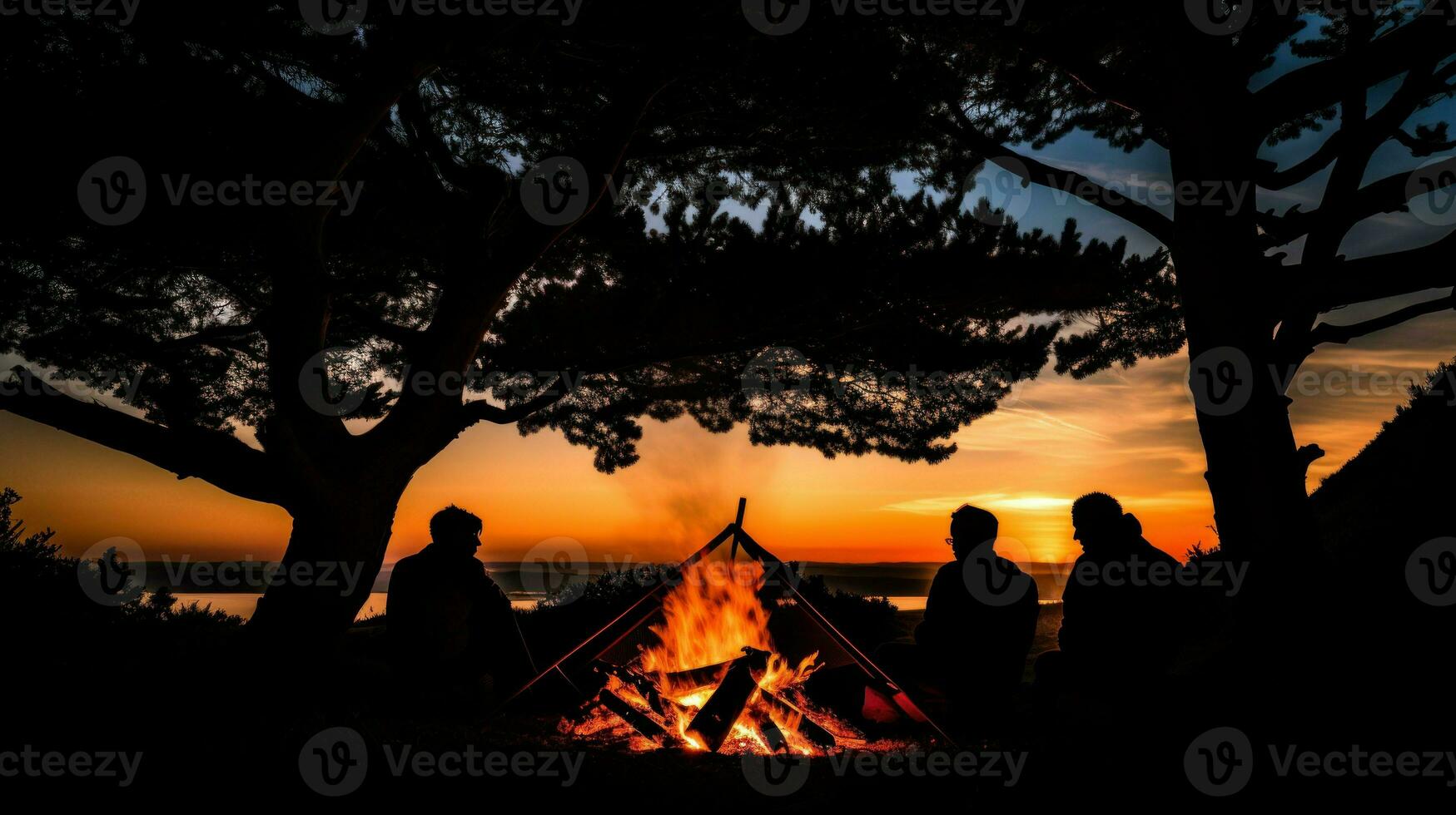Group of people sitting under trees, warming themselves by the fire.. Generative AI photo