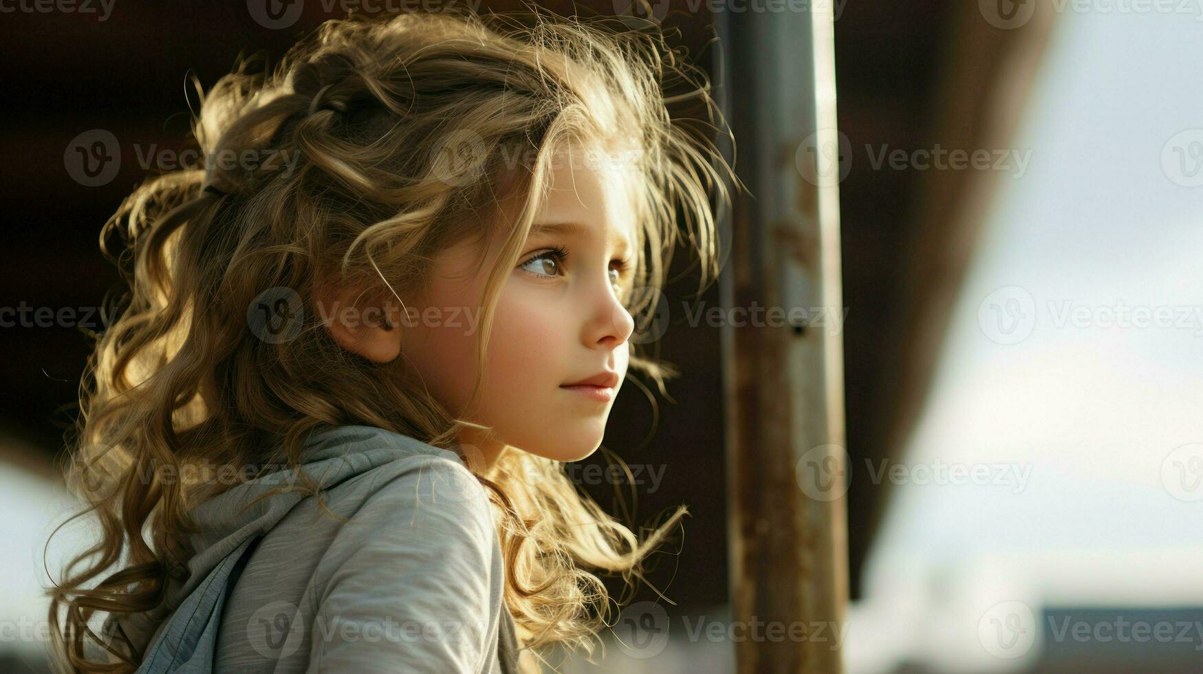 Close-up portrait of a young girl with wavy hair, looking off to the side.. Generative AI photo