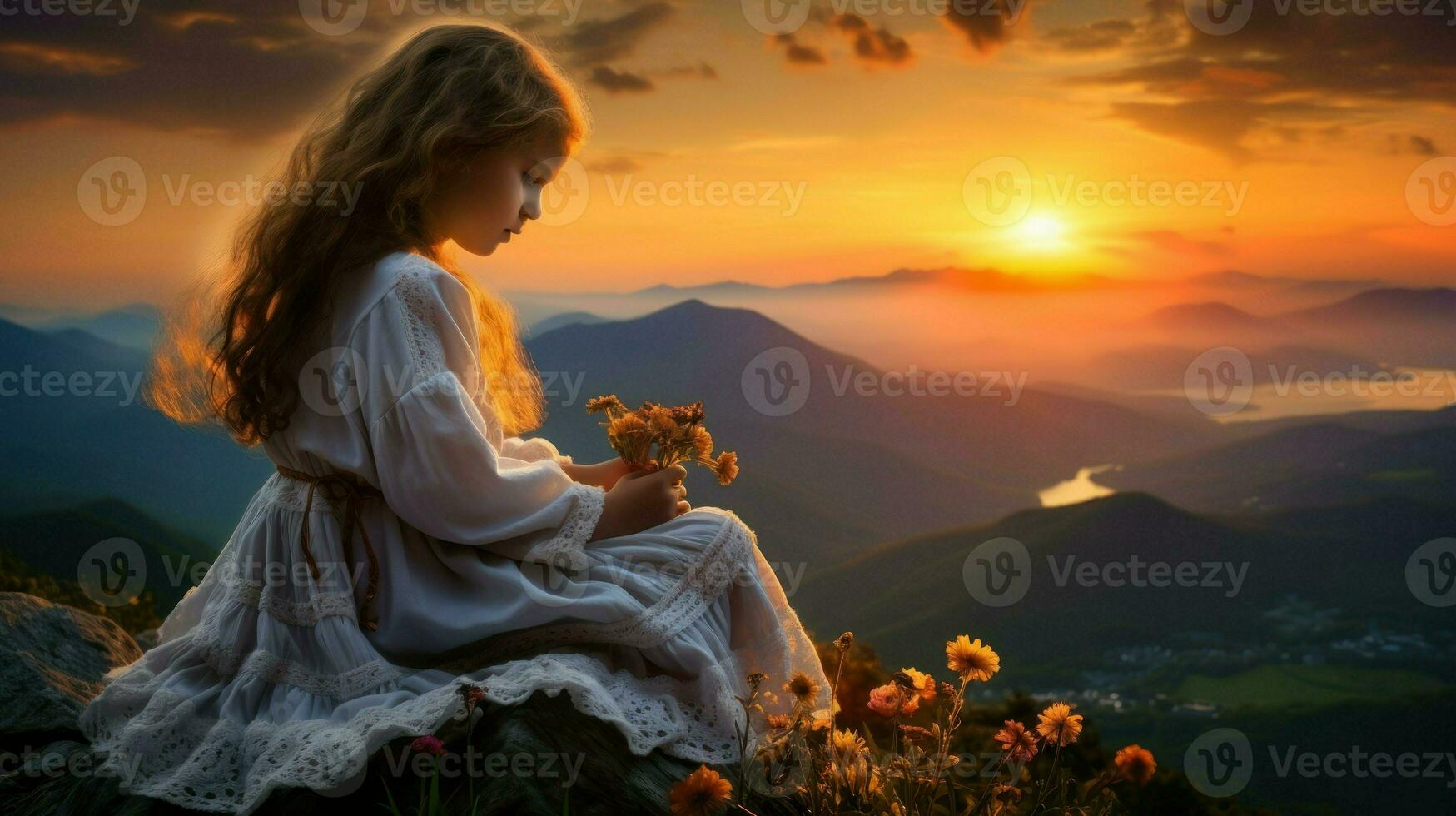 Young girl sitting amidst wildflowers, gazing at a sunset from a mountainous viewpoint.. Generative AI photo