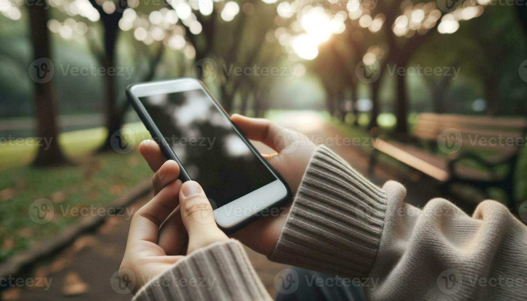 A person holding a smartphone with a blank screen, while sitting in a park.. Generative AI photo