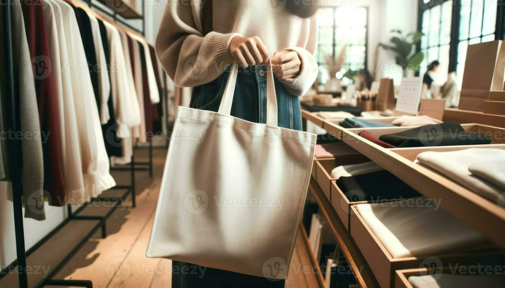 A shopper holding a blank tote bag, browsing items in a boutique.. Generative AI photo