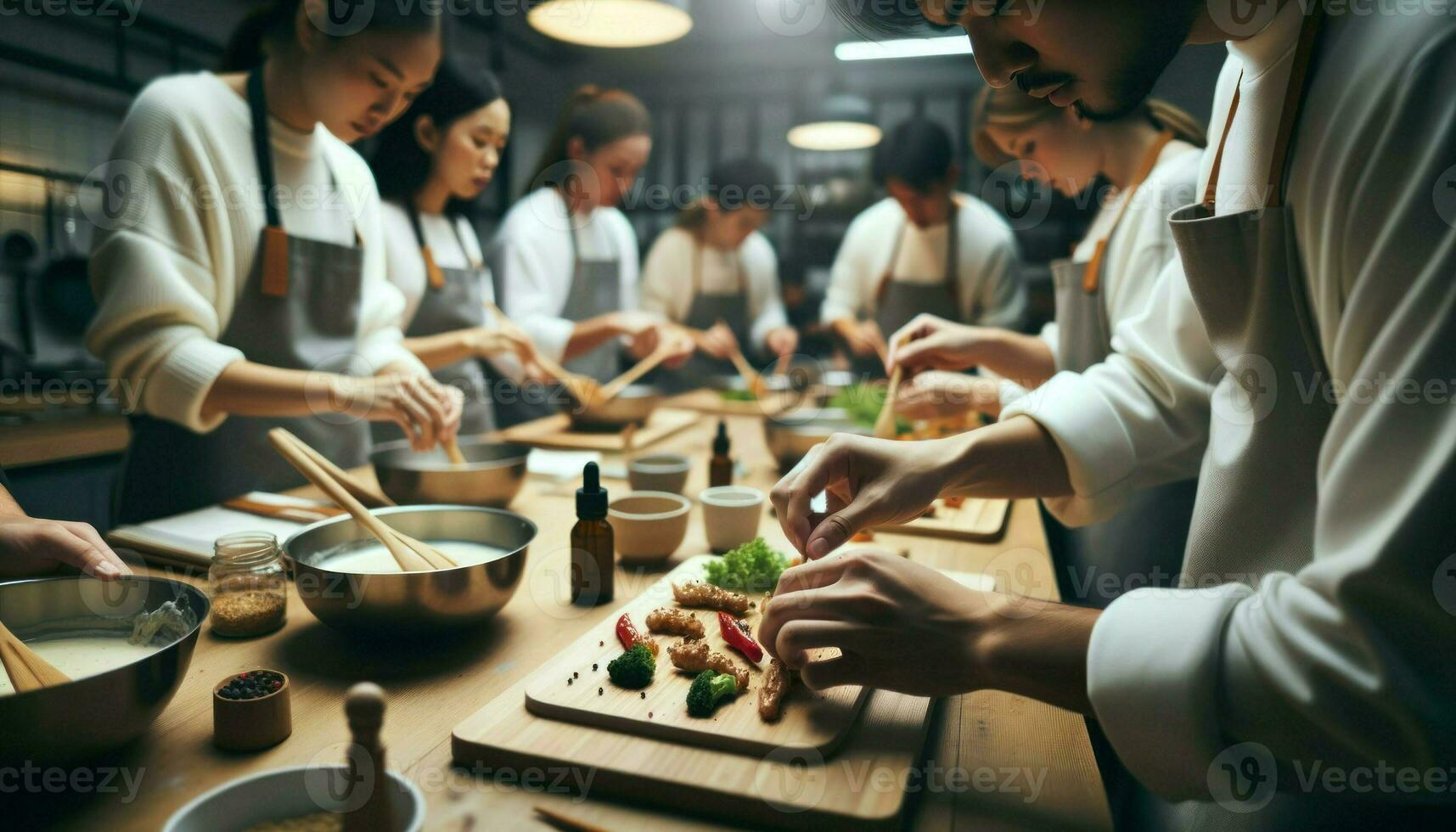 A group learning to cook, with one person carefully garnishing a dish.. Generative AI photo