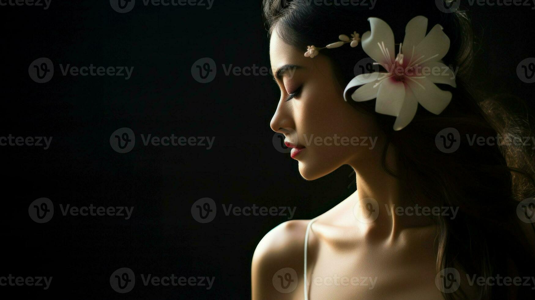 Asian young woman with a flower clip in her hair. Generative AI photo