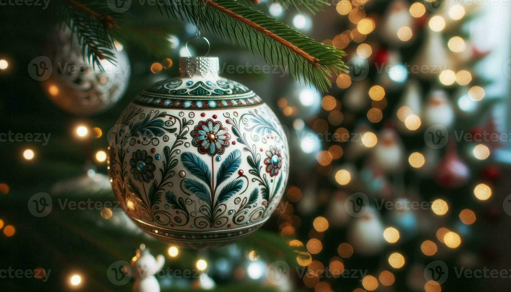 a close-up view of a classic Christmas ornament, hand-painted with intricate designs, hanging from a tree branch.. Generative AI photo