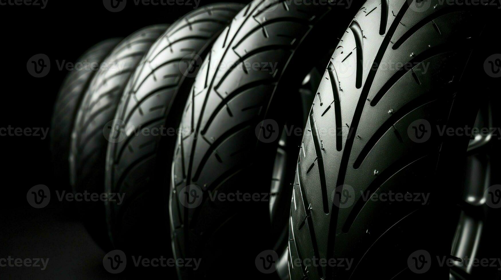 Car tires arranged in rows in front of black background. Generative AI photo