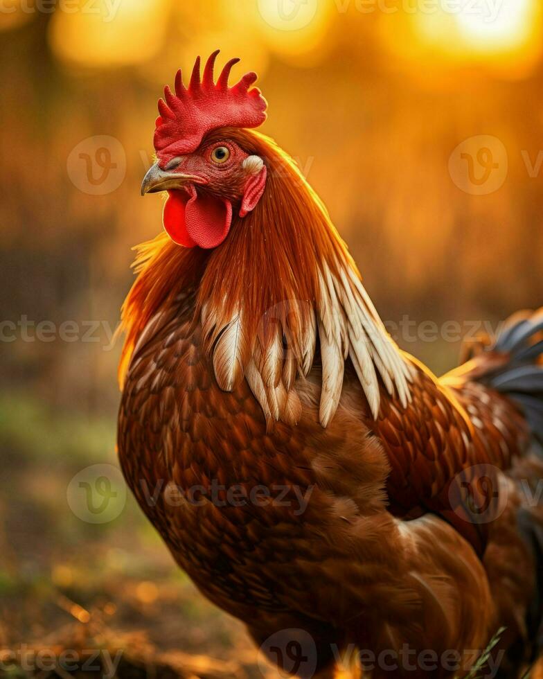 de cerca foto de un gallo en el temprano Mañana ligero. generativo ai