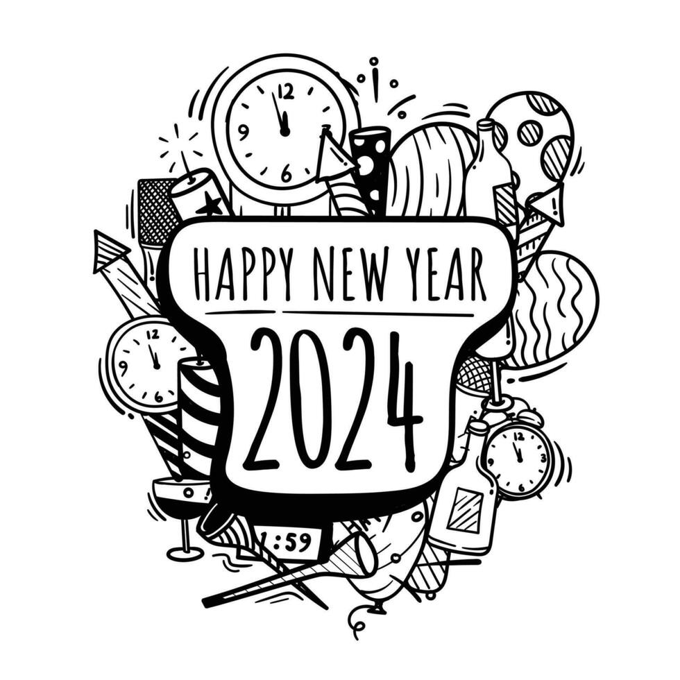 Doodle art of happy new year 2024 with new year celebration icons