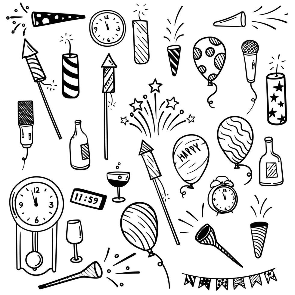 Icon set in doodle art design for new year celebration template design vector