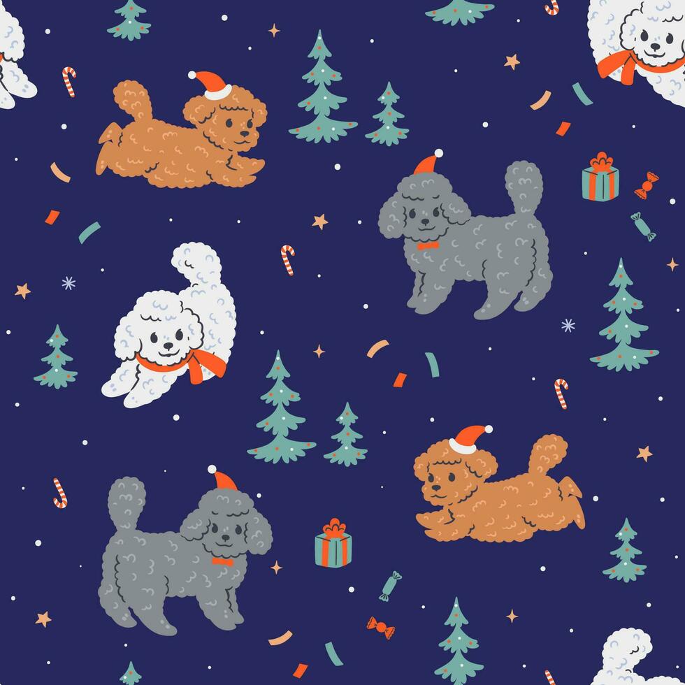 Christmas seamless pattern with cute poodles and Christmas trees. Vector graphics.