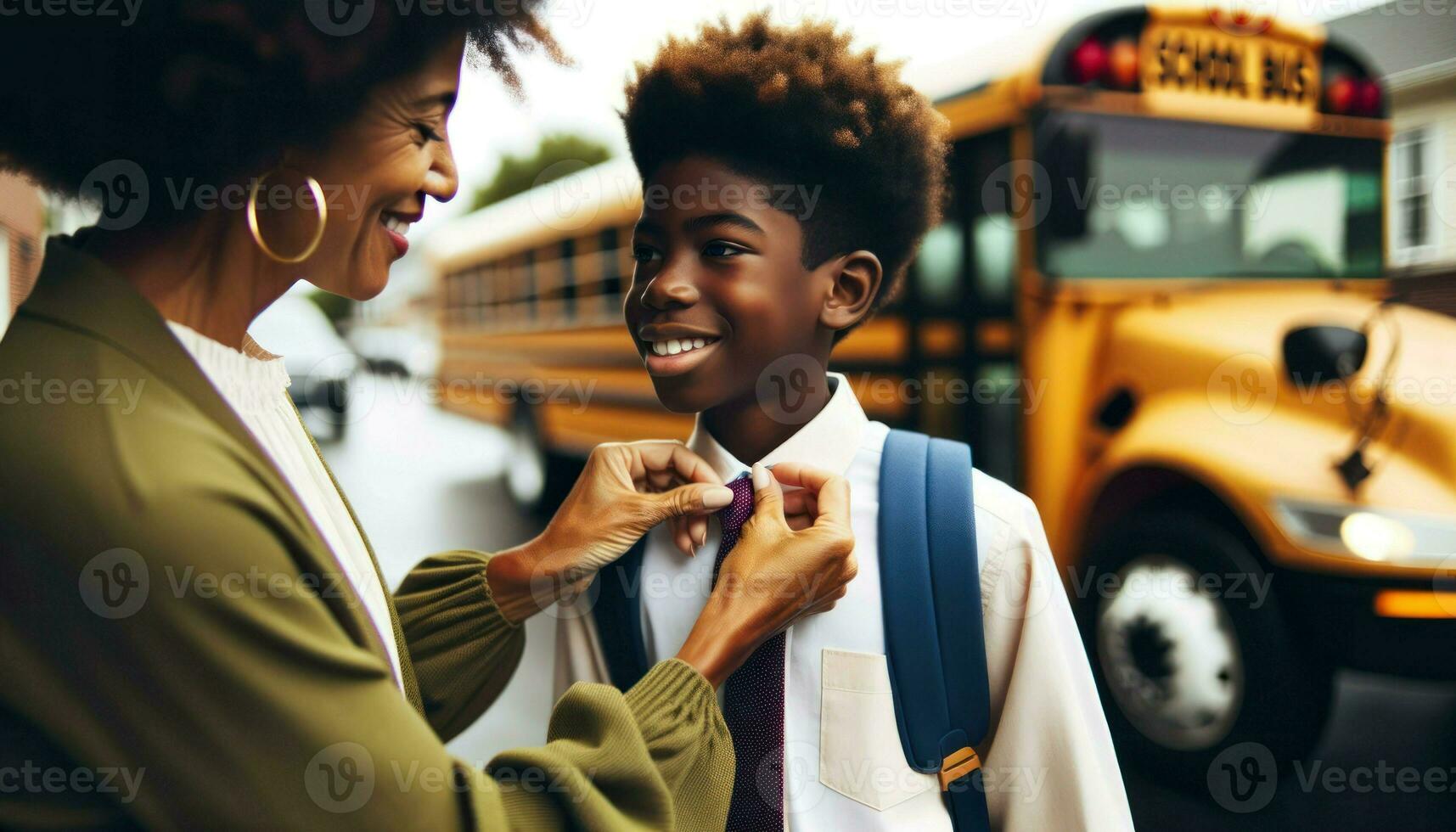 a close-up moment where an African descent mother adjusts her son's tie as they stand in front of a school bus. Generative AI photo