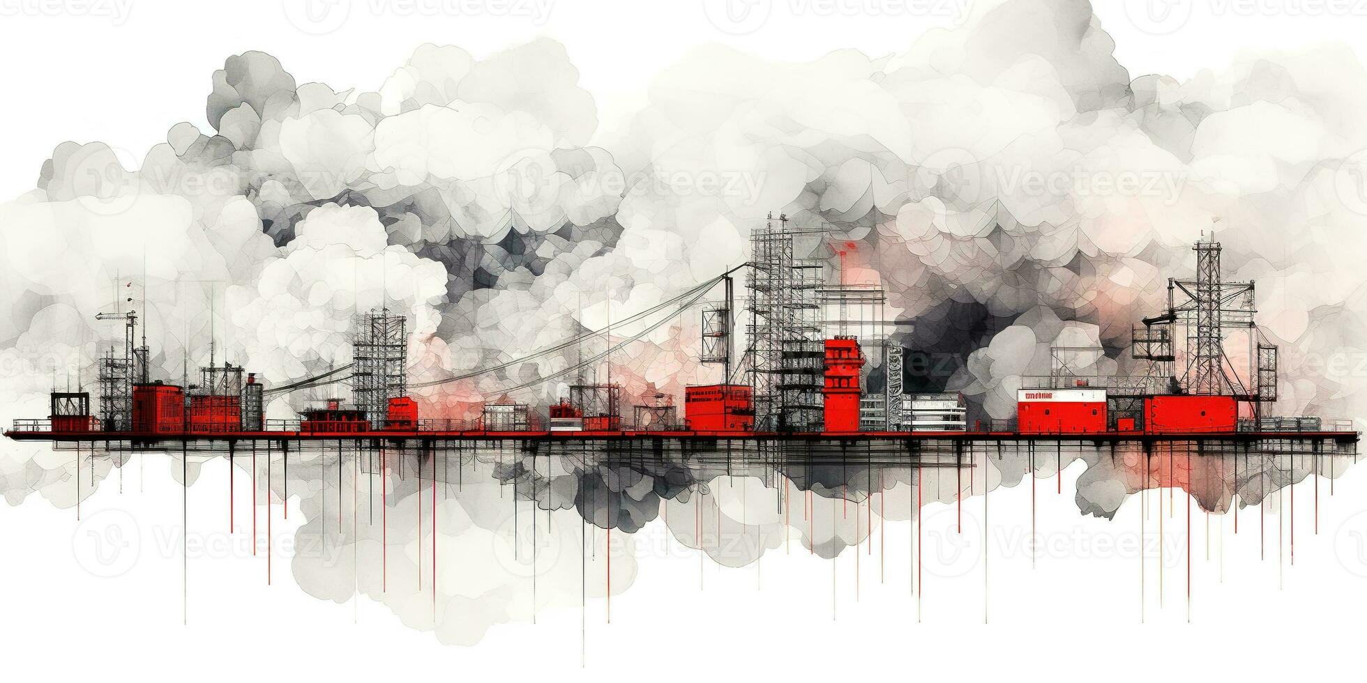Generative AI, Abstract geometric factory pipeline industry watercolor and ink background with red and grey clouds. photo