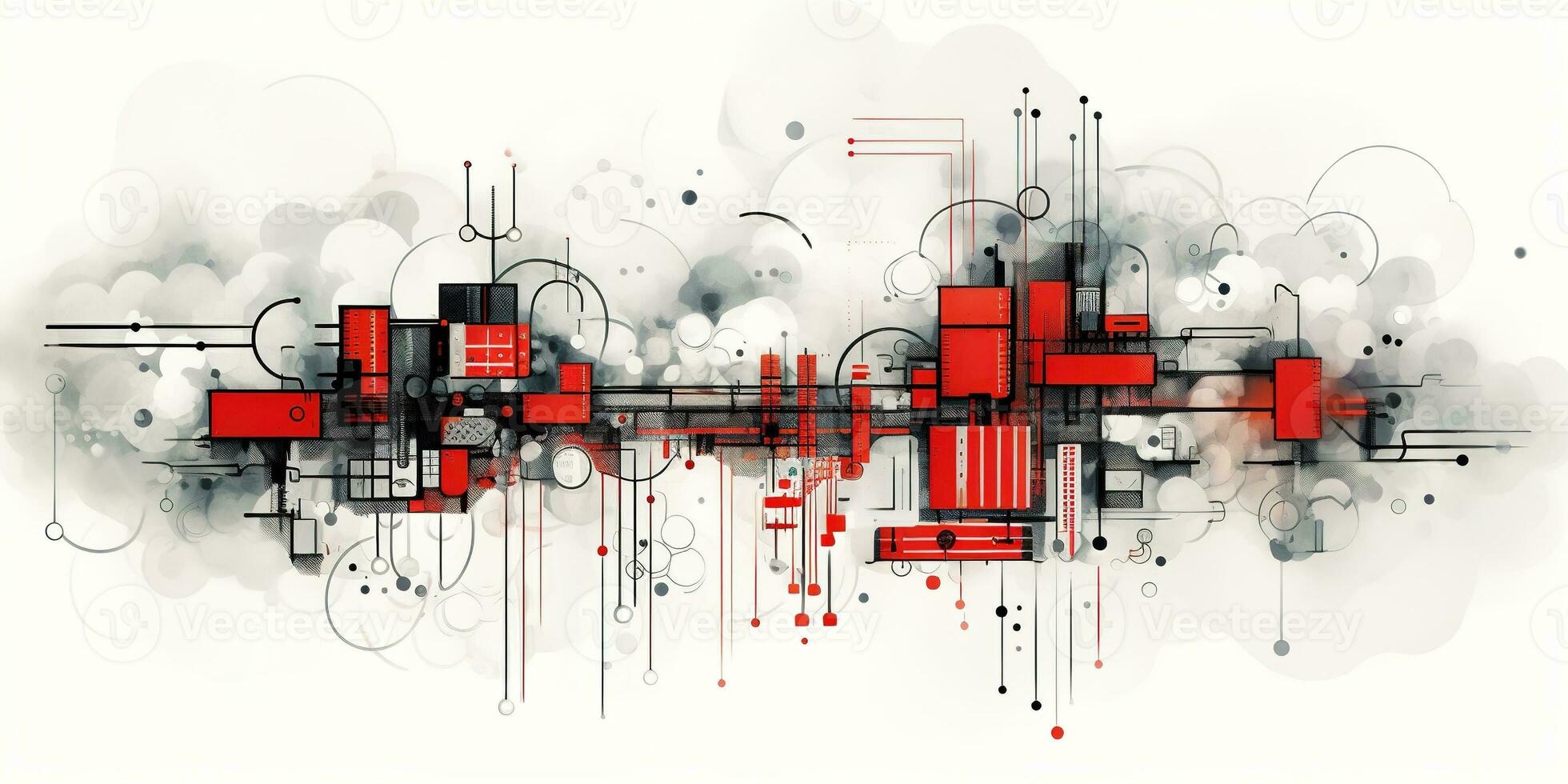 Generative AI, Abstract geometric factory pipeline industry watercolor and ink background with red and grey clouds. photo